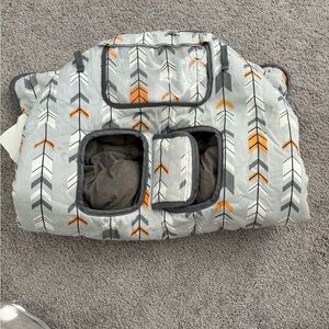 Gray and Orange Arrow Patterned Baby Cart Cover with phone slot.